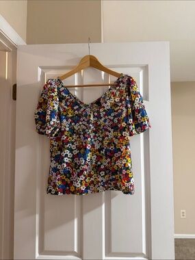 Ann Taylor Floral V-Neck Short Sleeve Top - Blue, Yellow, Pink, White